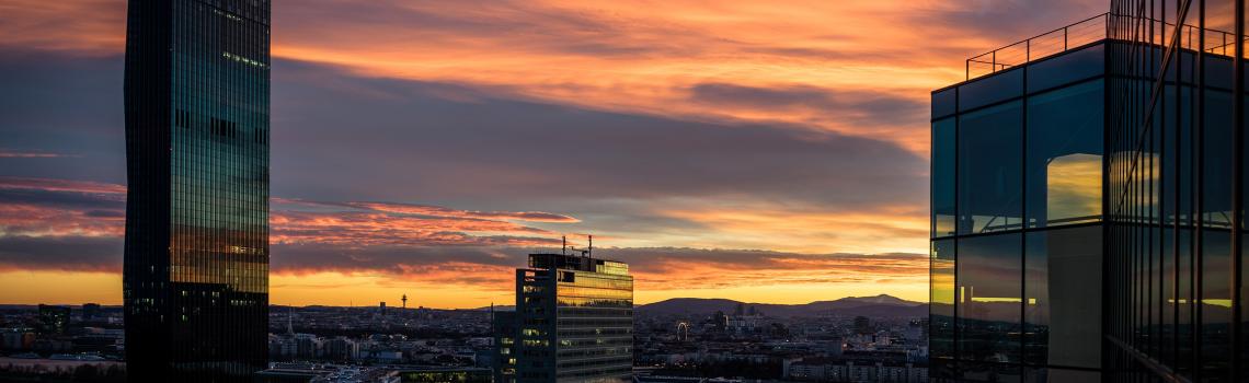 Dawn over Vienna skyscrapers and Danube